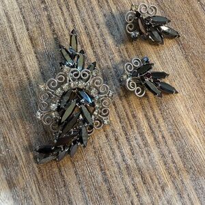 Smokey Black Rhinestone Brooch and Earring Set
